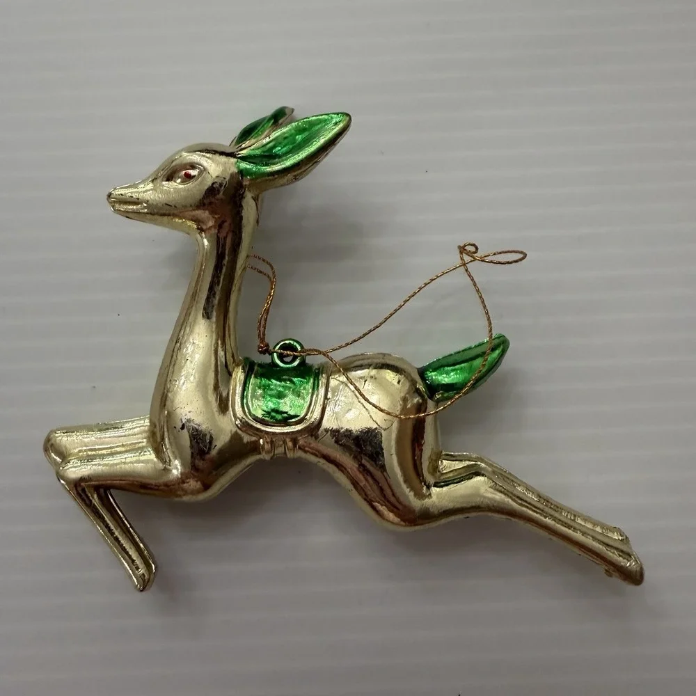 Lot Of 2 Vintage Gold Plastic Reindeer Christmas Ornaments Mid-Century Style